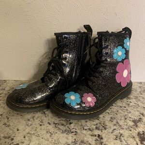 Kids Black Glitter Floral Lace-Up Boots